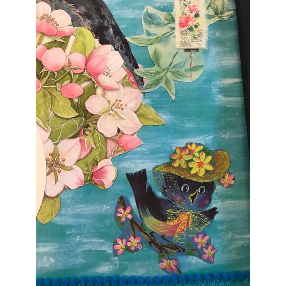 Retro Blue Birds Orange Cat Flowers Floral Framed Handmade Collage Wall Art OOAK - Picture 4 of 7